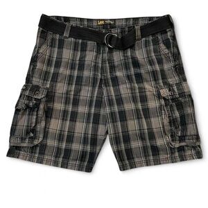 Lee Men's Plaid Cargo Shorts with Belt, Size 40, Gray/Black Regular Fit